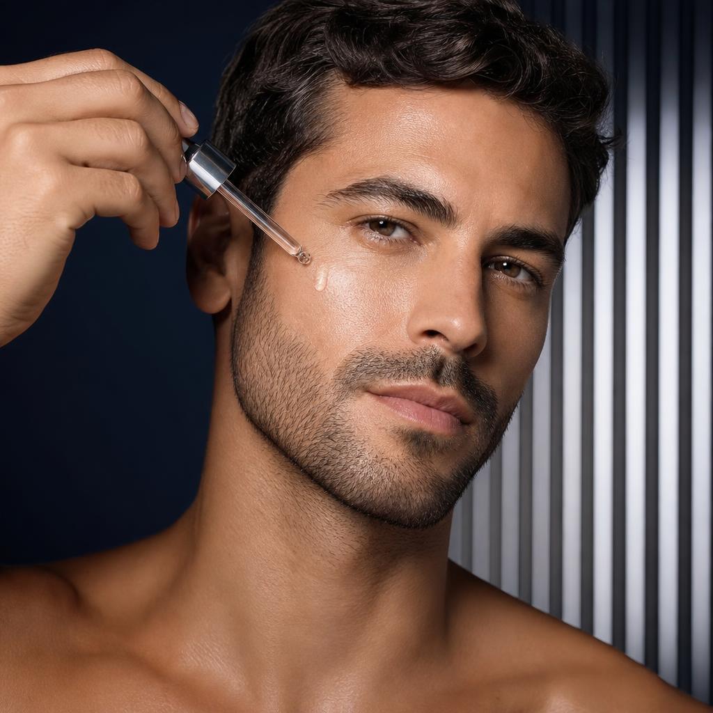 Homem aplicando o sérum FLOW no rosto, com uma gota do líquido na pele